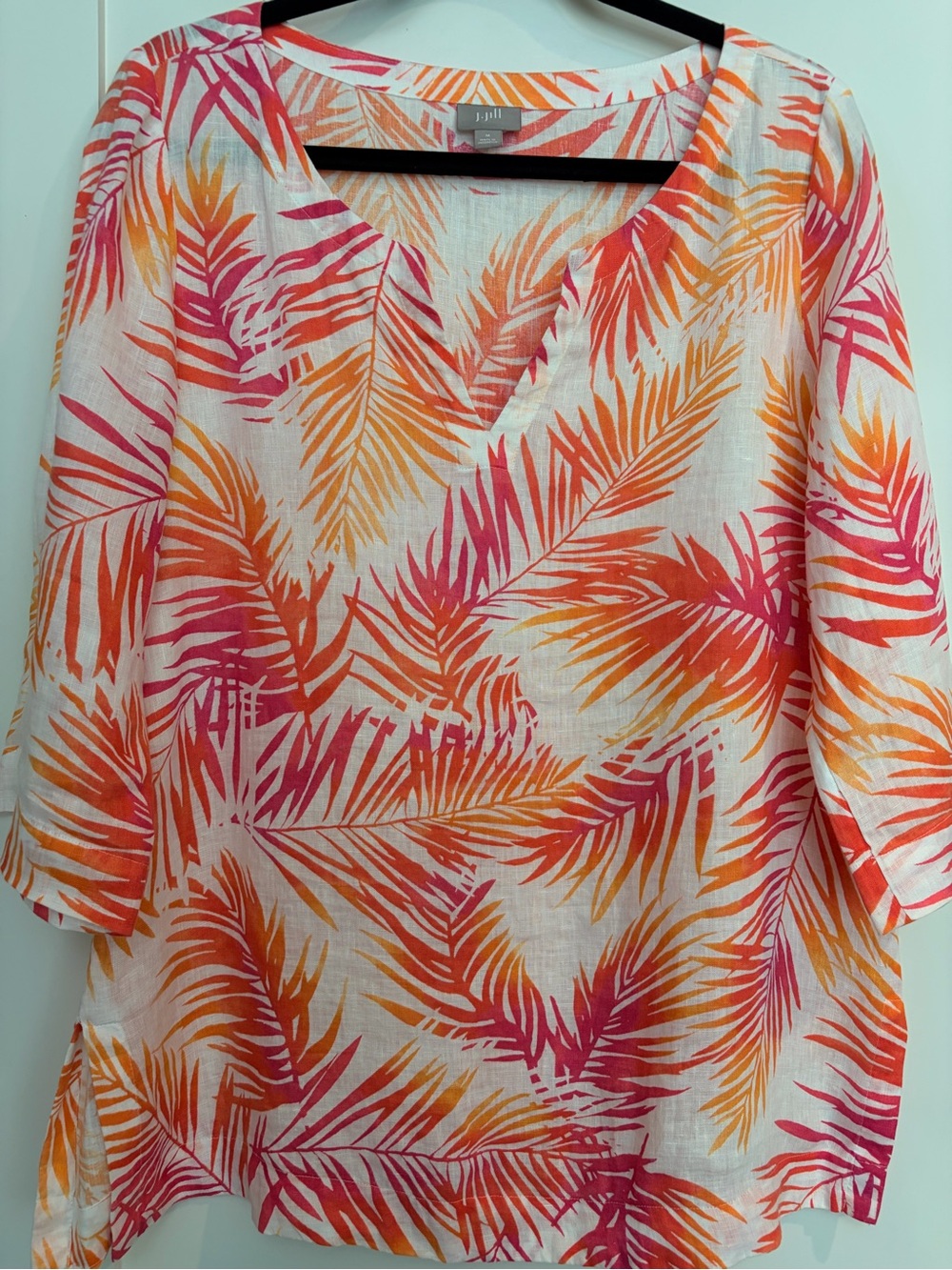 J. Jill 100% Linen Tropical Palm Print Tunic Top Medium Pink Orange White - Picture 6 of 10